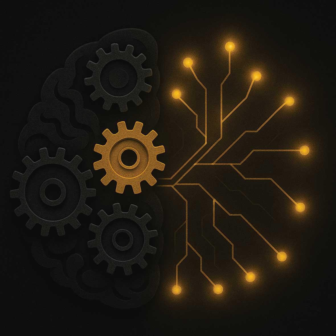 Brain with mechanical gears on the left, neural network expanding on the right